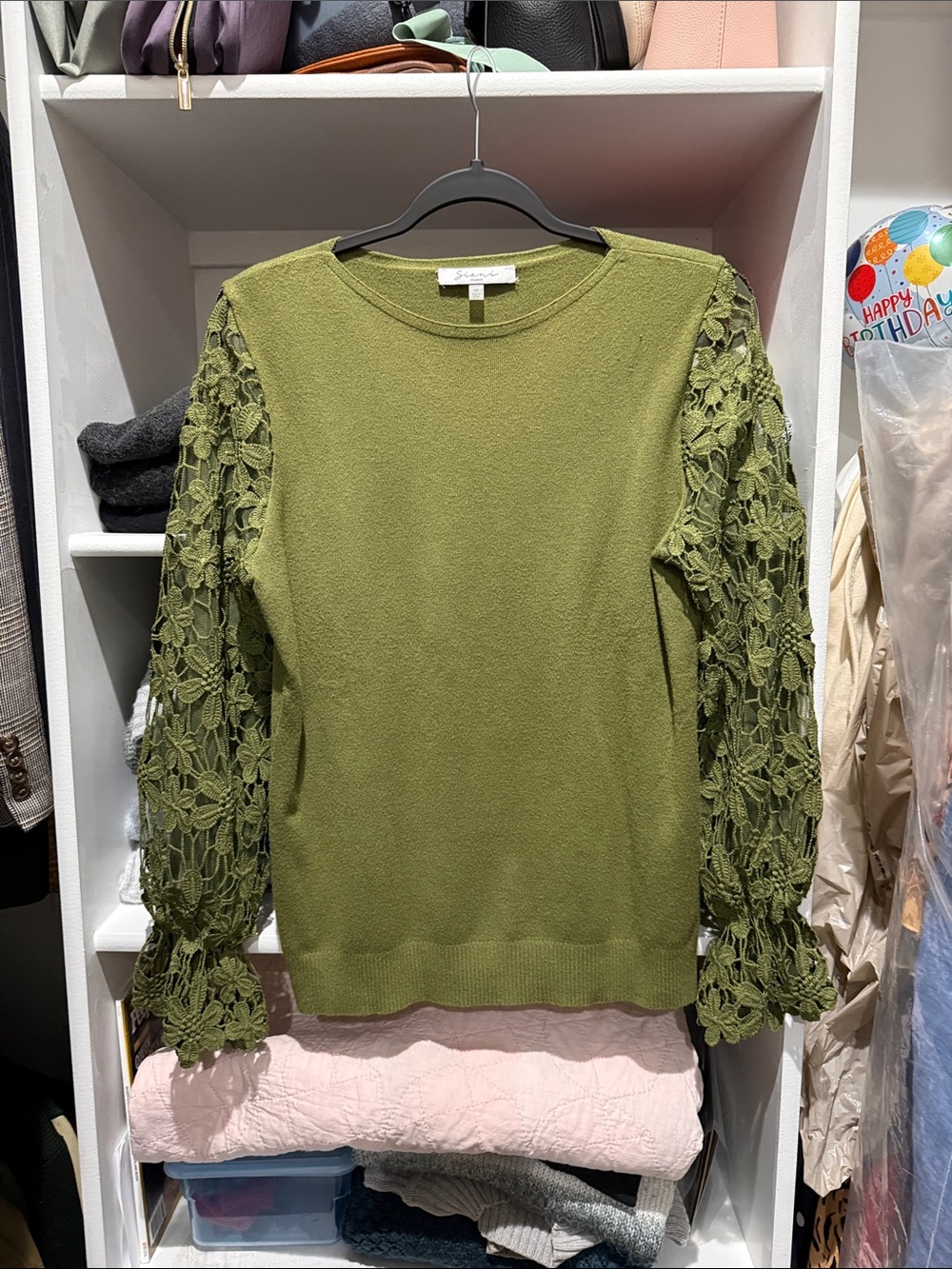Sioni Olive Green Knit Top with Lace Sleeves
